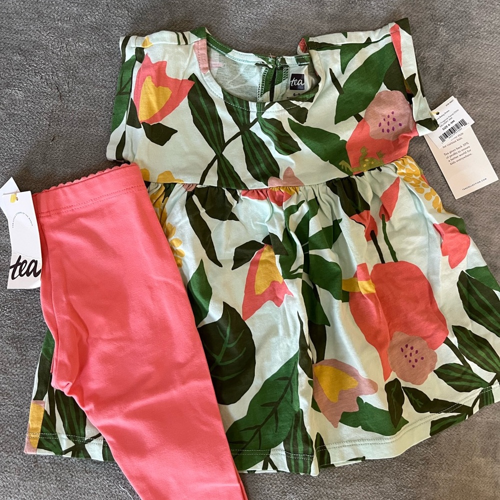Tea Collection Green and Pink Floral Dress with Pink Leggings
